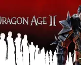 Mroczny wojownik w zbroi, obok niego białe sylwetki ludzi. Tytuł gry Dragon Age II.