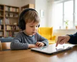 Chłopiec w słuchawkach uczy się zasad bezpiecznego korzystania z internetu dla dzieci, korzystając z tabletu pod okiem dorosłego.