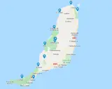 Mapa Fuerteventury z zaznaczonymi miejscowościami: Corralejo, El Cotillo, Puerto del Rosario. Tu jest Fuerteventura, gdzie to jest.