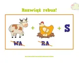 Rozwiąż rebus! Krowa (bez WA) + kura (bez RA) + S = ? Zabawne rebus dla dzieci do druku.