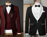 Two elegant tux combinations: a burgundy suit with a black satin lapel and a classic black tuxedo with a white satin lapel.