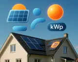 Hus med solpaneler på taket. Symboler för sol, energi och kWp illustrerar effekt solpanel.