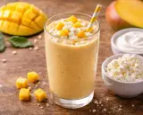 Orzeźwiający koktajl z mango, udekorowany kostkami owocu i serem. Obok leżą świeże mango i miseczki z jogurtem i twarożkiem.