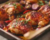 Ugnsbakad kycklingfilé med krispigt skinn, serverad med rostade rödlökar och örter. Perfekt kycklingfilé i ugn temperatur.
