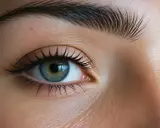 Un œil bleu-vert avec des cils longs et des sourcils parfaits, un exemple de comment s'épiler les sourcils pour un regard intense.