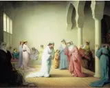 A scene of women in flowing robes in an ornate interior, a classic example of orientalism art, with arched columns and patterned floors.