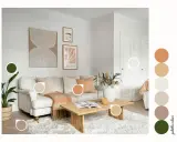 Idee per abbinamenti imbiancare casa: soggiorno accogliente con divano beige, plaid arancio e tocchi verdi.
