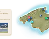 Majorka mapa z zaznaczonymi lotniskiem, uniwersytetem, portami, szpitalami i szkołą Rafa Nadal International School.