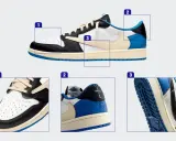 Szczegółowe zbliżenia buta pomagają w jego legit check. Widoczne detale to perforacje na nosku, logo i podeszwa.