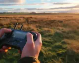 Hände steuern eine Drohne mit einem Controller im goldenen Abendlicht. Eine tolle droniq app alternative für Drohnenpiloten.