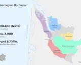 Karte des Bordeaux Weinbaugebiets mit Anbauflächen wie Médoc, Graves & Sauternes, Entre-Deux-Mers.