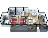 Plano de una vivienda con dormitorio principal, dos habitaciones, dos baños, salón, comedor, cocina y terraza. Ideal para saber donde ver los metros cuadrados de una propiedad.