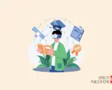 Un ragazzo con visore VR legge un libro, circondato da simboli di studio: cappello, diploma, libro e medaglia. Un'illustrazione che evoca l'idea di studiare e imparare, quasi come disegnare sul computer.