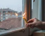 Una vela encendida cerca de una ventana con gotas de lluvia. El humo de la vela se arremolina, y parece que entra aire por la ventana, reflejando edificios en el exterior.