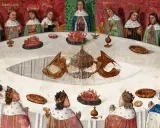 Banquet médiéval, des chevaliers autour d'une table, un calice scintillant au centre, évoquant la quête du graal.