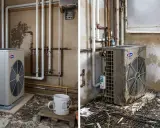 Deux unités extérieures de pompe à chaleur air-air, une blanche et une beige, sont installées dans une pièce sale. Avis négatif sur l'installation.