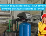 Une femme réfléchit devant un adoucisseur d'eau. Le texte indique "Entretien adoucisseur d'eau : Tout savoir et conseils pratiques".