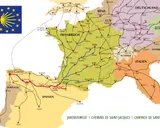 Die Karte zeigt, wo ist der Jakobsweg. Routen verlaufen durch Frankreich, Spanien, Portugal, Italien, Schweiz, Deutschland und weitere Länder.