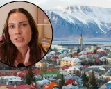 Kobieta opowiada o życiu na Islandii, w tle kolorowe domy Reykjaviku i ośnieżone góry.