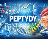 Peptydy sygnałowe w nauce i medycynie: DNA, molekuły, ludzka twarz, mięśnie, skóra, strzykawka, fiolki, kapsułki.