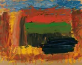Vibrant abstract painting by Howard Hodgkin, with bold strokes of red, green, and blue suggesting a landscape or memory.