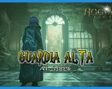 Un personaje con túnica de Hogwarts Legacy se para frente a una puerta, con el texto "GUARDIA ALTA AL 100%" superpuesto.