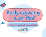 Kiedy używamy a, an, the? Zasady użycia przedimków w języku angielskim. Grafika z flagą Wielkiej Brytanii i ikonami nauki.
