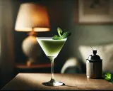 Grön, krämig gräshoppa drink med myntakvist i martiniglas. Bredvid står en metallbehållare och myntablad på träbord.