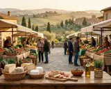 Mercato toscano con prodotti freschi e formaggi, ideale per vacanze enogastronomiche.