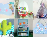 Sześć zdjęć z pomysłami na prezenty DIY dla noworodka: chmurka, jajko, tipi, kaktus, kuchnia i tablica.