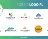 Kolekcja logotypów z różnorodnymi kolorami logo, od turkusowego po złoty, prezentująca realizacje dla branży turystycznej i hotelarskiej.