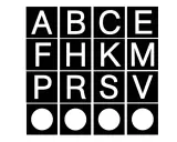 Vier mal vier Felder mit weißen Buchstaben und Kreisen auf schwarzem Grund. Die oberen drei Reihen zeigen Buchstaben, die an ein **Buchstaben Dressurviereck** erinnern.