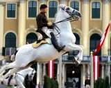 Ein stolzer Lipizzaner in Wien springt vor barocker Kulisse.