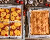 Herzhafte Tarte Tatin mit Kartoffeln und Tomaten, daneben eine goldbraune Teigkruste.