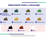 Jak się robi kupę? Ilustracja pokazuje różne kolory stolca u niemowląt, od czarnego po biały, z opisami.