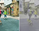 Spacerem po mieście, gdzie pies widzi głównie odcienie żółci i niebieskiego, a dziewczyna prowadzi go na smyczy.