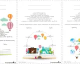 Wkładki do książek do edycji z motywem podróży i nauki. Balony, globusy i walizka symbolizują przygody, które czekają na dzieci w świecie książek.