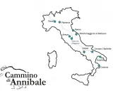 Mappa del Cammino di Annibale, che ripercorre le tappe storiche in Italia da Pavia a Crotone, passando per Piacenza, Rimini, Arezzo e Capua.