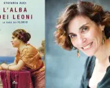 Stefania Auci, autrice del nuovo libro "L'Alba dei Leoni", sorride in primo piano accanto alla copertina del suo romanzo.