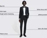 A man models a classic tuxedo: black jacket with satin lapel, white shirt, bow tie, trousers with satin stripe, and patent shoes. This is what a tuxedo is.
