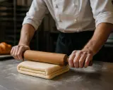 Un boulanger prépare une pâte feuilletée pour une recette, avec un croissant en arrière-plan.