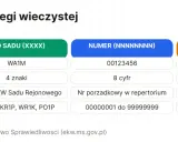 Jak sprawdzić numer księgi wieczystej? Tabela pokazuje format: kod sądu (4 znaki), numer (8 cyfr) i cyfra kontrolna.