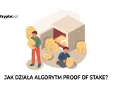 Dwóch mężczyzn z monetami kryptowalutowymi przy sejfie. Ilustracja wyjaśnia, co to jest nominated proof of stake.