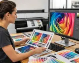 Diseñadora revisa impresiones a color, comparando con la pantalla y muestras. Entendiendo el cmyk significado para la impresión perfecta.