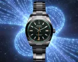 Orologio Rolex Milgauss, un esempio di orologi antimagnetici, con quadrante verde e sfondo blu elettrico.