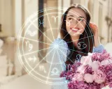 Uśmiechnięta Panna z bukietem kwiatów, otoczona magicznym kołem zodiaku. Sprawdź swój horoskop tygodniowy Panna!