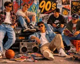 Chłopcy w luźnych jeansach i flanelowych koszulach, uosabiający modę męską lat 90. z boomboxem i kasetami.