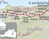 Karte des Jakobswegs mit Fahrradsymbolen. Die Route führt von St. Jean Pied de Port über Pamplona, Burgos, León nach Santiago de Compostela.