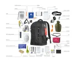 Plecak i akcesoria do bushcraftu i survivalu: manierka, apteczka, kompas, latarka, krzesiwo, nóż, radio, filtr wody, koc ratunkowy.