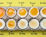 Zeigt, wie sich die Konsistenz von Eiern beim Kochen über verschiedene Zeitintervalle verändert. Von flüssigem Eigelb bis festem Ei.